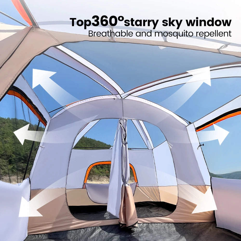 10 Person Camping Tent, Waterproof Windproof Sun Protection, 210D Oxford Fabric, 3 Season, Lightweight, 2 Room 1 Living Room